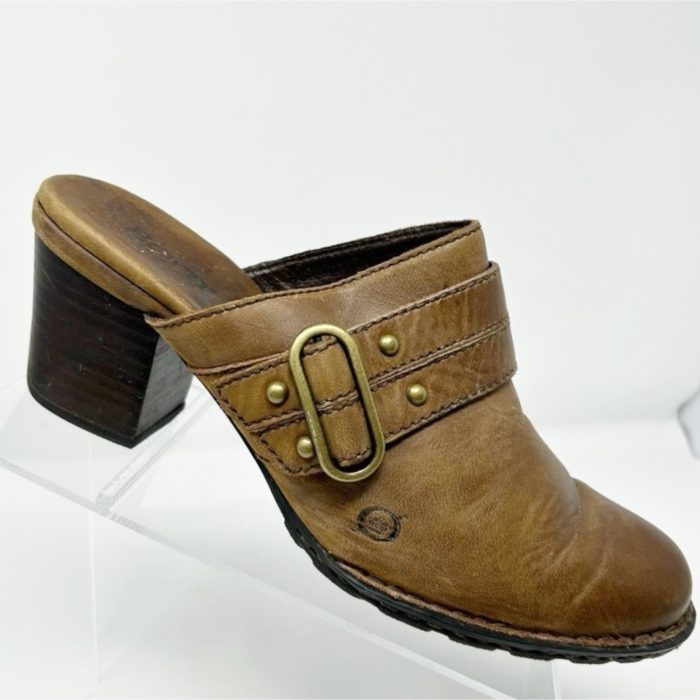 Born Brown Tan Leather Slip on Heel Mules Size 9 with Studded Buckle Detail